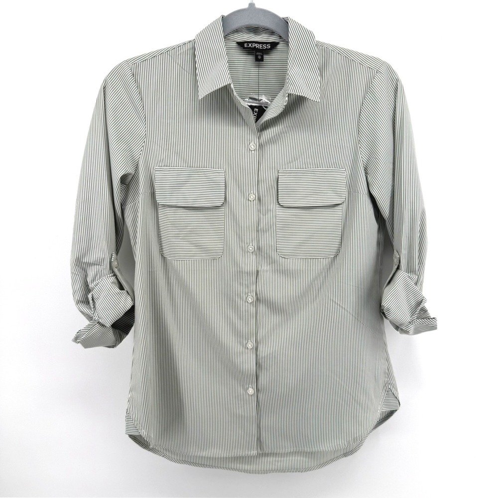 Express Button Up Shirt Women XS Green Striped Roll Tab Sleeve Office Coastal
